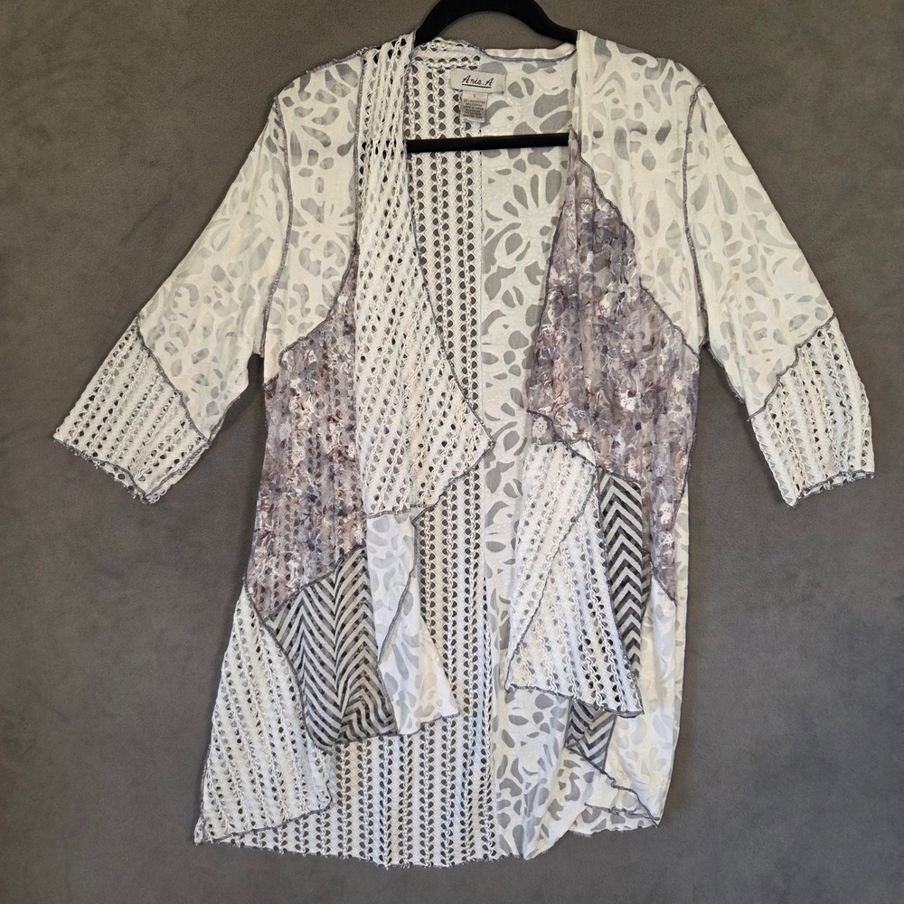Anis A Cardigan Top Women's Large Crochet Lace Boho Lagenlook Artsy Coastal